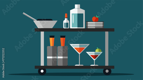 A sleek bar cart with polished silver glasses a shaker and a signature tail recipe book.