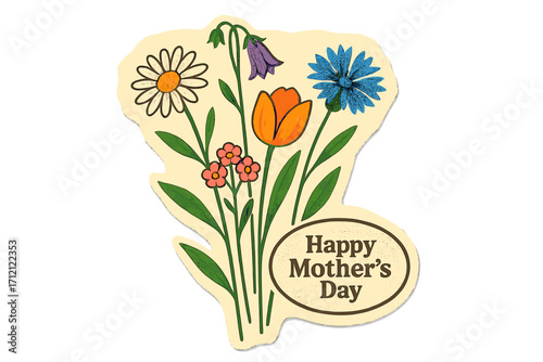 Vintage Mother's Day greeting card with wild spring flowers, floral collage sticker, retro dotted texture design, paper clipping style, seasonal celebration vector art