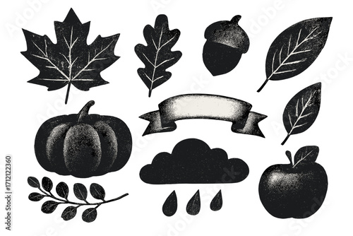 Trendy grungy autumn elements set with retro negative photocopy effect, mesh grain halftone texture, vintage pumpkin, apple, leaves, acorn, rain cloud, banner, collage vector design