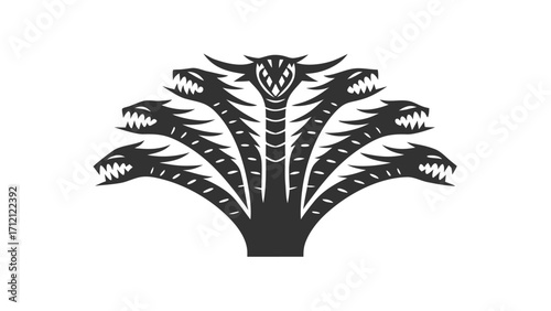 A striking silhouette of a hydra with seven heads menacingly bared teeth and a central serpentine neck design