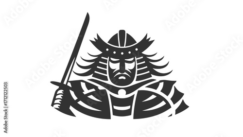Illustration of a samurai warrior with a sword in black and white on a plain background design element silhouette