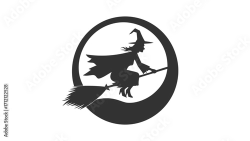 Silhouette of a witch with a hat and cape flying on a broomstick in front of a crescent moon shape