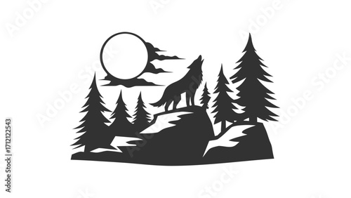 Silhouette of a wolf howling at the moon surrounded by pine trees on a rocky landscape at night time