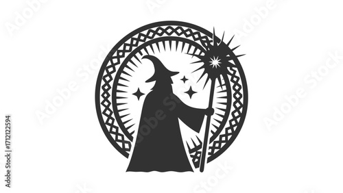Silhouette of a wizard holding a staff with stars around him inside a decorative circular border design