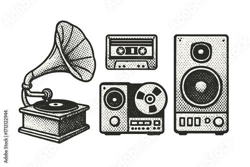 Vintage gramophone, cassette tape, speaker, and tape recorder in halftone dot style, retro music concept, antique audio equipment collection, classic analog sound technology vector set