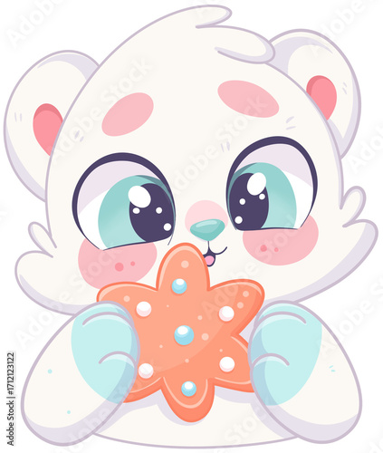 Cute cartoon bear holding a star-shaped cookie.