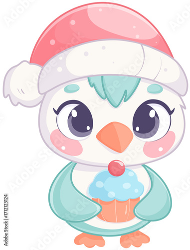 Cute cartoon bird wearing a Santa hat and holding a cupcake.