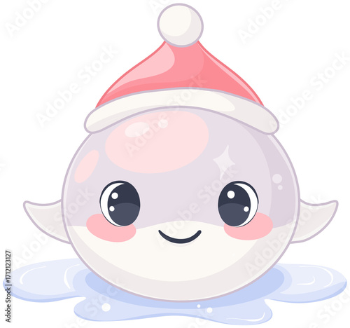 Cute whale wearing a red Santa hat with smiling features.