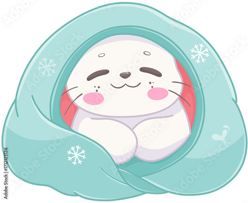 Cute sleeping seal in a cozy blanket.