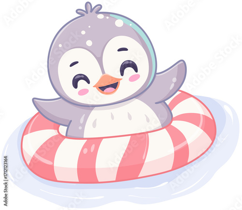 Cute penguin floating on a colorful inner tube.