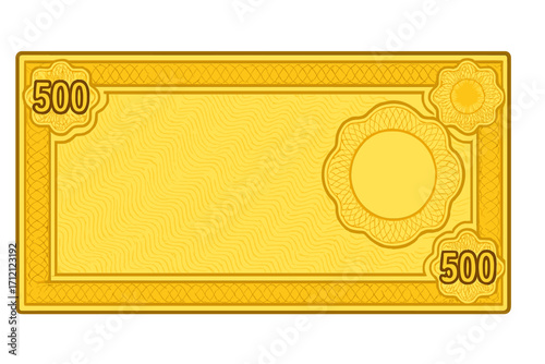 Yellow 500 denomination voucher template with intricate guilloche pattern, floral watermarks, ornate border design, gift coupon, currency note, money background