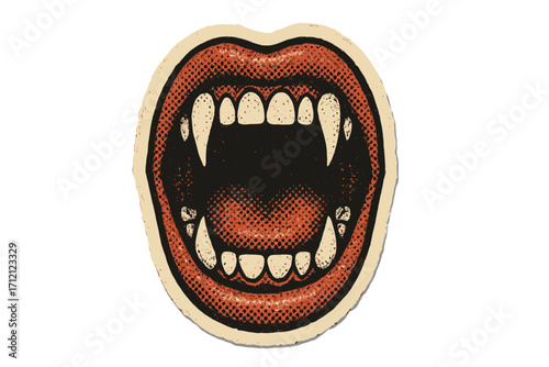 Widely open vampire mouth with sharp fangs, Halloween spooky illustration, vintage halftone collage style, retro 90s zine paper art, dotted texture, vector cartoon sticker design