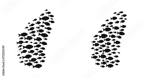 Two columns of silhouetted fish forming abstract shapes on white background