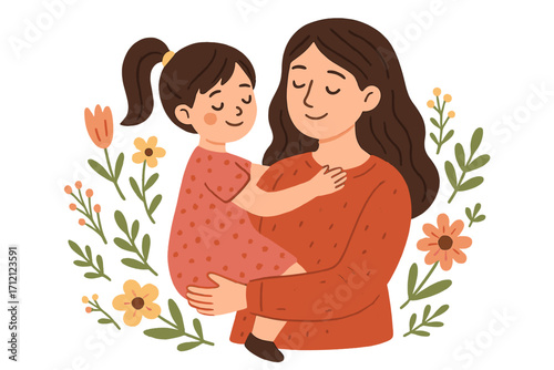 Happy Mother's Day greeting card. Vector cartoon illustration of a mother holding her daughter. Woman embracing child with love on a floral background. Family love concept.