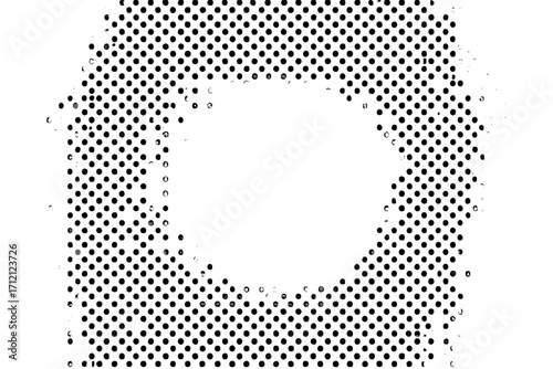 Vector halftone dotted background. Abstract pop art grunge texture. Black and white monochrome dots gradient pattern. Retro comic book design element with circle frame space.