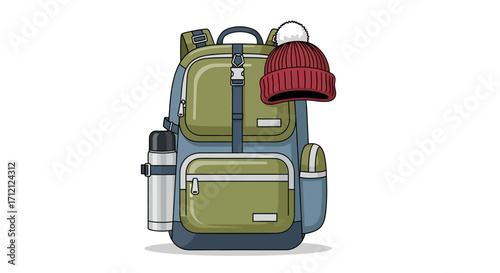 Cartoon illustration of a travel backpack with a thermos and a red knitted pom-pom beanie.