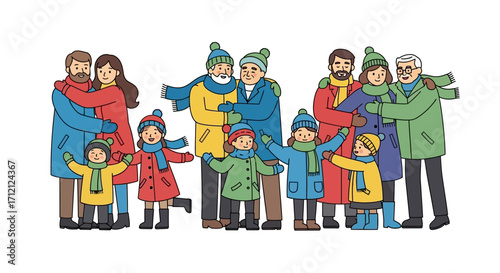 Diverse family group embracing in winter clothing, celebrating togetherness