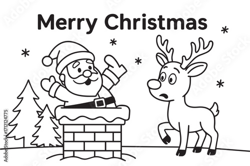Vector illustration of a funny Santa Claus stuck in a house chimney, Christmas theme, black and white style with bold black outlines highlighting humor.