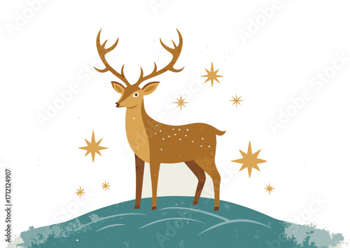 Whimsical deer standing on snowy hill with stars