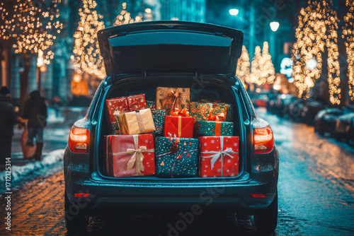A car stands in a snowy street, the trunk open and filled with colorful wrapped gifts, illuminated by festive lights around