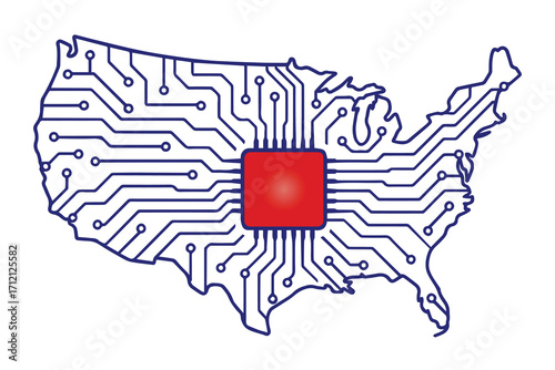 Vector map of the USA designed with futuristic circuit microchip patterns, rendered in colorful tones, symbolizing technology, innovation, connectivity, and digital progress.