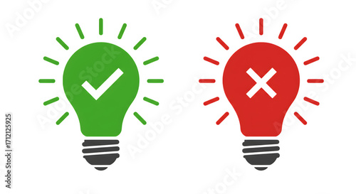 Conceptual illustration of two light bulbs one green with a checkmark and one red with an x representing good and bad ideas isolated on white background