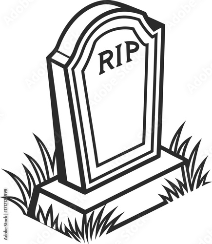 Vector art of a black and white illustration of a tombstone with rip carved into it, standing in grass