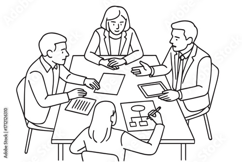 A minimalist vector artwork showing two men and two women in discussion about their workplace, entirely black and white, highlighted with strong black outlines.