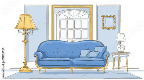 Modern Living Room with Blue Couch and Large Window for Interior Design Inspiration