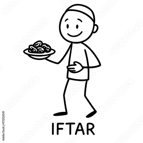 Stick figure holding plate of dates for iftar meal during Ramadan  