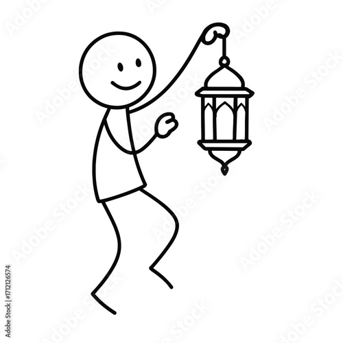 The stick figure hangs a Ramadan lantern.