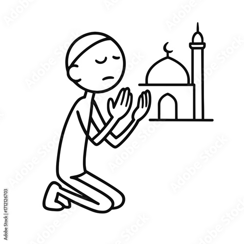 A stick figure raises his hands in prayer in front of a mosque.
 