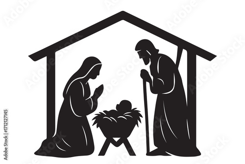 Black and white vector silhouette of Mary, Joseph, and baby Jesus, highlighting a Christmas nativity scene, outlined boldly for striking simple representation.
