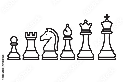 A clean vector representation of several chess pawns, created in black and white, emphasized with thick black outlines, showing minimal yet elegant appearance.