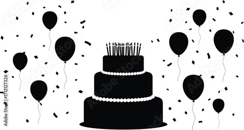 Silhouette of a birthday cake with balloons, perfect for celebrations, parties, and festive occasions with candles and confetti