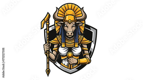 Egyptian Cow Goddess Hathor Mascot Logo Illustration with Scepter and Shield