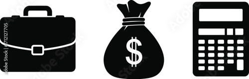 Financial planning icons showcasing briefcase, money bag, and calculator for business and investment management