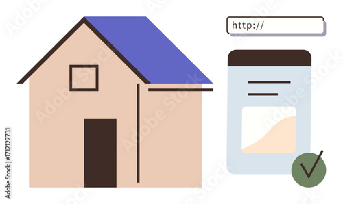 House alongside browser window and approval checkmark. Ideal for real estate, digital application, property management, online services, home loans, technology adaptation, simple flat metaphor