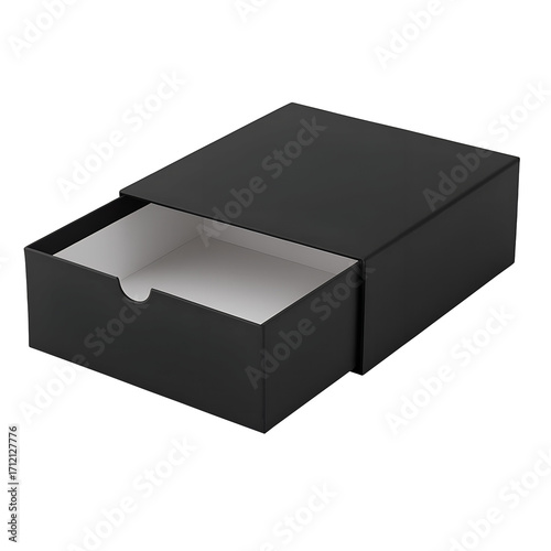 Black open sliding drawer box isolated on transparent background