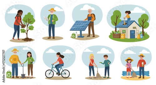 Flat vector set of people protecting nature and environment with eco lifestyle and renewable energy