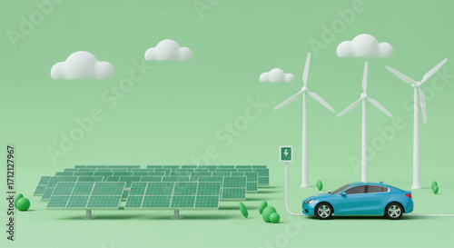 Minimal flat design of green technology renewable power, solar panels, wind turbines, and electric car
