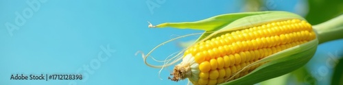 Ripe yellow corn cob, close-up Green husk, blue sky , husk, leaves, food