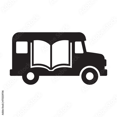 Icon of a black silhouette of a school bus with an open book