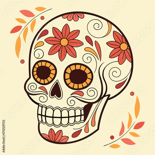 Vector art of day of the dead sugar skull decorated with flowers and swirls, traditional mexican art