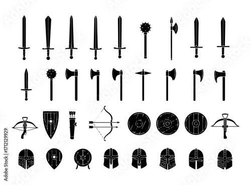Flat illustration, icon set featuring a collection of medieval weaponry