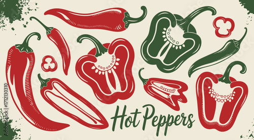 Hand-Drawn Chili Pepper Set – Red and Green Whole, Sliced, and Cut Peppers in Modern Vector Style for Farm Market, Eco Product, and Natural Food Design Elements