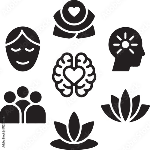 Mindfulness icons set, wellbeing, peace, harmony