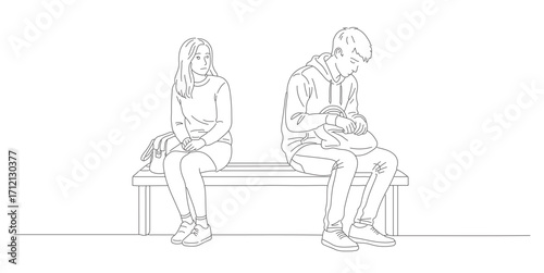  Vector line art illustration of a couple sitting apart on a bench, symbolizing a relationship problem or disagreement.