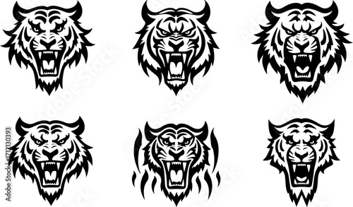 Tiger Head Vector Set – Tribal and Tattoo Style Wild Cat Silhouette