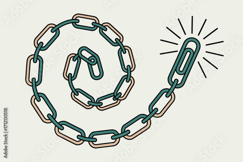 A stylized illustration of a chain made of links ending in a shining paperclip on a light background